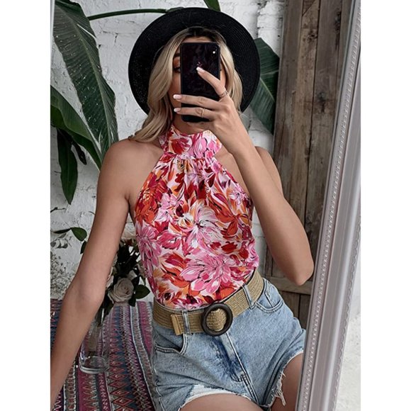 Pink Floral Printed High Neck Halter Sleeveless Keyhole Tank Top Blouse - Picture 4 of 7